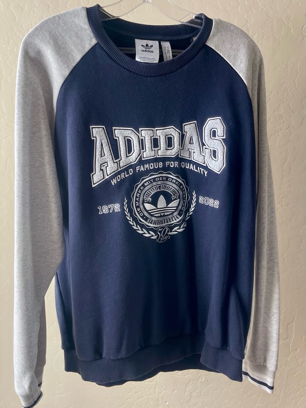 adidas Navy Crewneck Sweatshirt with Light Gray Raglan Sleeves